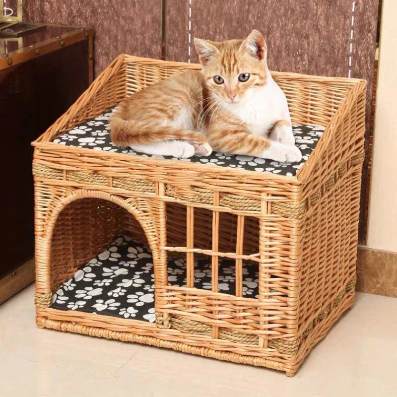 Cat House for Indoor Cats Hand-woven Rattan Designed for Pets Cat Beds With Cozy Soft Cotton Washable Mat