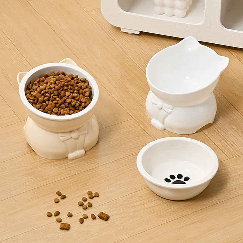 ♥Cat Dog Food Water Bowl-Raised Pet Feeder with Non-Slip Base & Paw Print Design,Neck Protection Bowl for Small Medium Pets