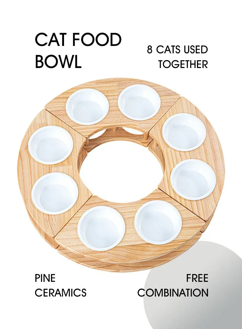 High-Quality Honeycomb-Shaped Cat Food Bowl Set Ceramic with Round Wooden Base for Home Pet Care and Feeding