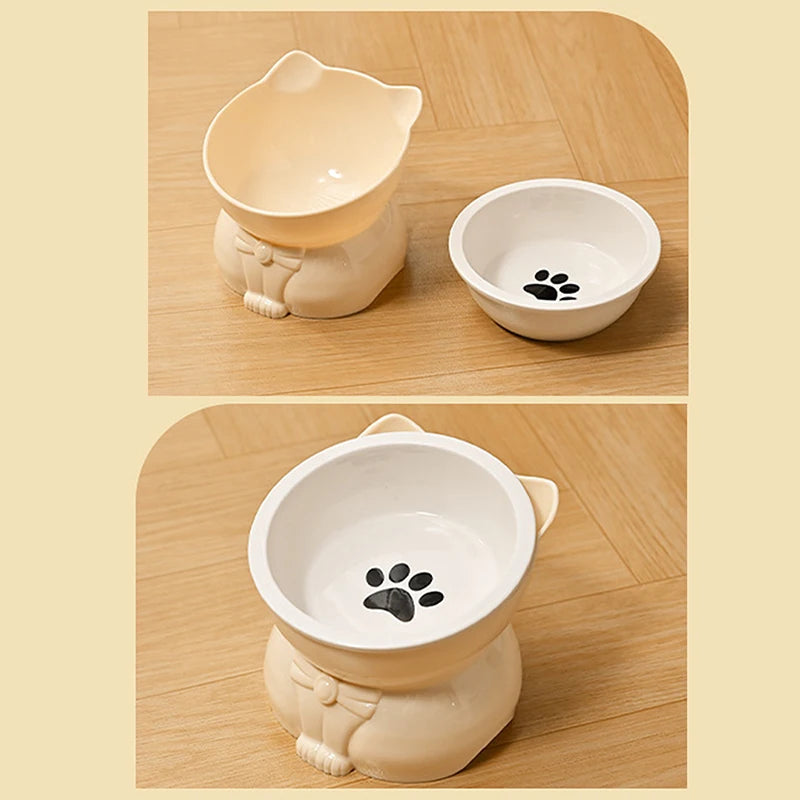♥Cat Dog Food Water Bowl-Raised Pet Feeder with Non-Slip Base & Paw Print Design,Neck Protection Bowl for Small Medium Pets