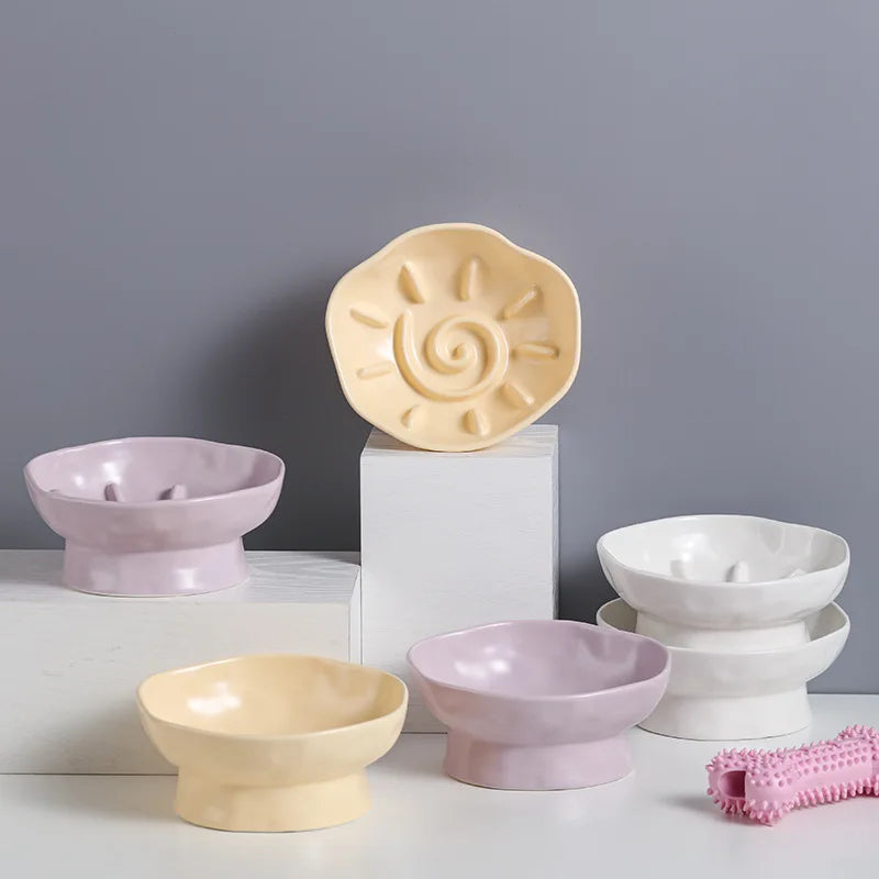 Cat Food Bowl Ceramic Elevated Cats Small Dogs Slow Feed Bowls Anti-choking Pet Eating Feeders Anti-gulping Puppy Supplies