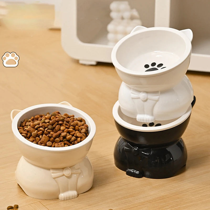♥Cat Dog Food Water Bowl-Raised Pet Feeder with Non-Slip Base & Paw Print Design,Neck Protection Bowl for Small Medium Pets