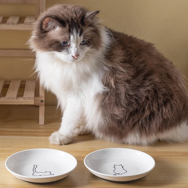 Ceramic Cat Food and Snack Bowl; Anti-Slip Silicone Pad; Cute Kitten Pet Supplies; Practical Pet Bowl