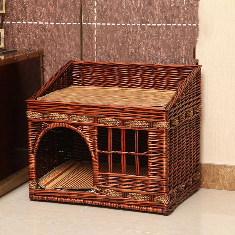 Cat House for Indoor Cats Hand-woven Rattan Designed for Pets Cat Beds With Cozy Soft Cotton Washable Mat